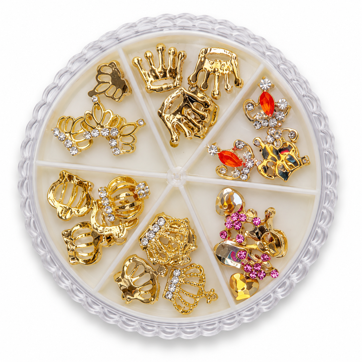 Gold crown and rhinestone nail art charms in six compartment wheel