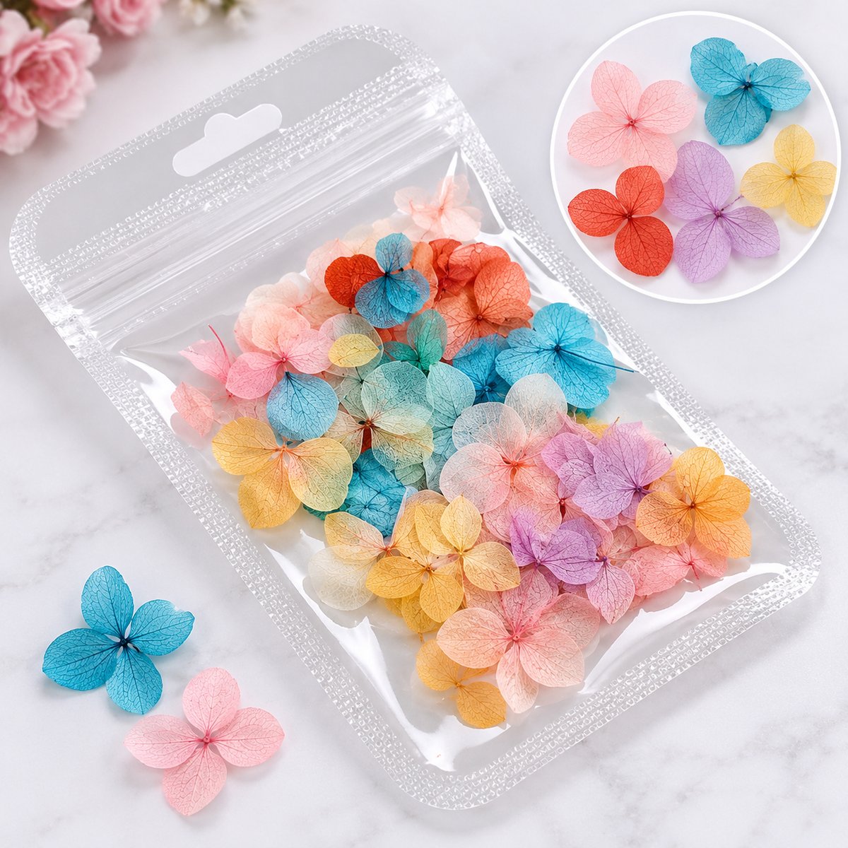 Assorted pastel pressed dried hydrangea flowers in resealable pouch for nail art